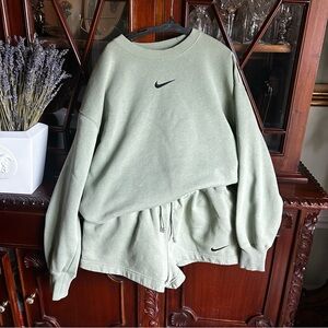 Nike Phoenix Fleece Oil Green Sweatshirt & Shorts Matching Set